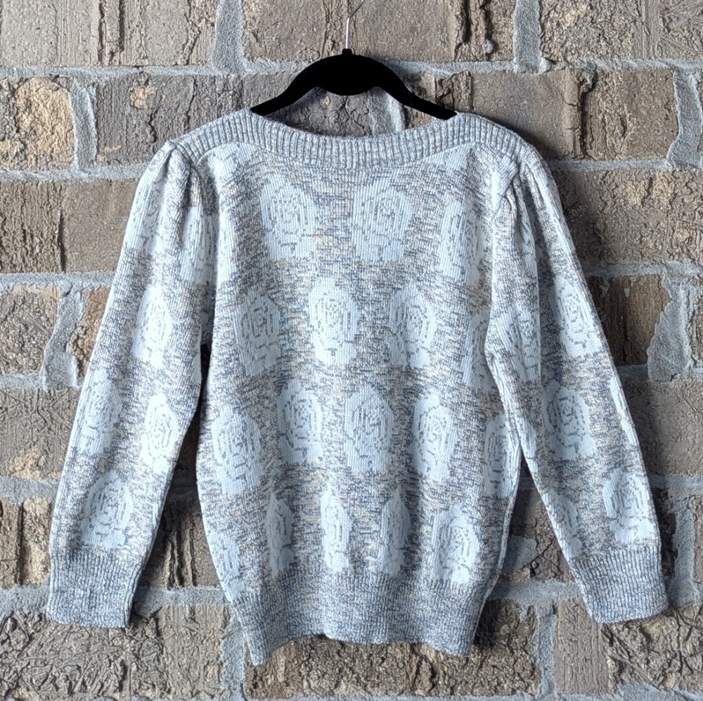 VTG 70s Neutral Pastel Roses Pinup Sweater Puff Sleeve Wide Neck XS Coquette